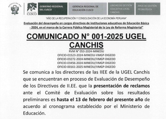 Comunicado N° 001-2025 UGEL CANCHIS